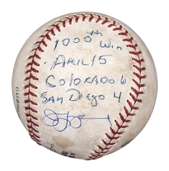 1999 Jim Leyland Game Used, Signed & Inscribed ONL Coleman Baseball From 1,000th Career Managerial Win on 4/15/99 (Beckett)